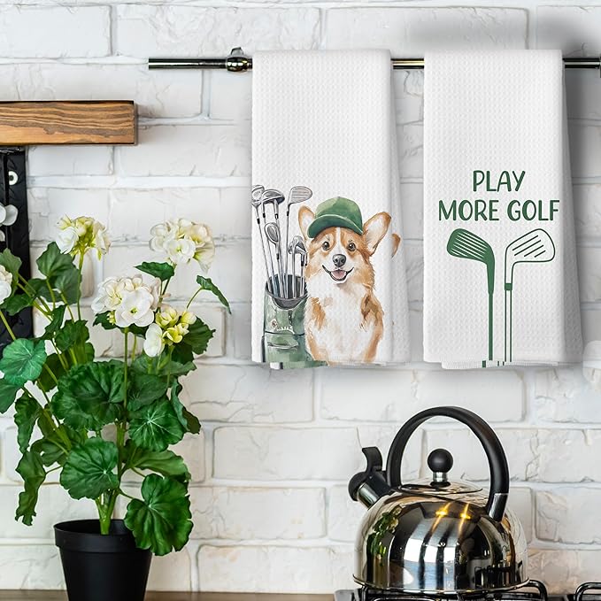 Golf Dog Kitchen Towels - Corgi Dish Towels, Sports Gifts, Pet Golf Club Decorative Absorbent Dishcloths Hand Towels Set of 2 for Spa Kitchen Gym Decor 16x24 Inches