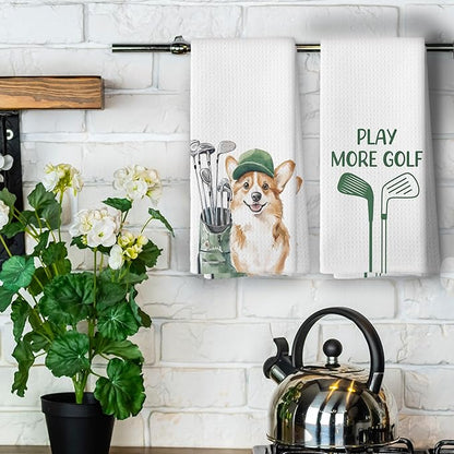 Golf Dog Kitchen Towels - Corgi Dish Towels, Sports Gifts, Pet Golf Club Decorative Absorbent Dishcloths Hand Towels Set of 2 for Spa Kitchen Gym Decor 16x24 Inches