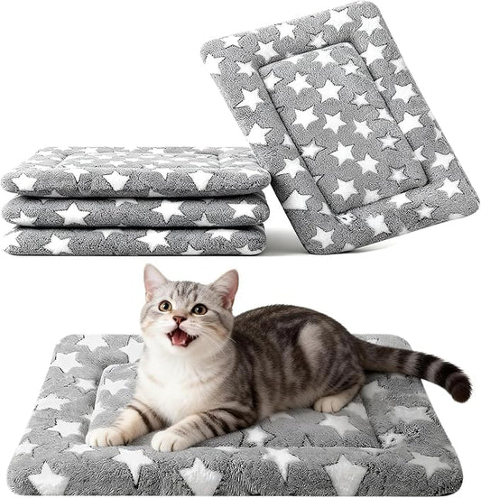 Dog Crate Mat, 4 Piece Reversible Pet Bed, Polyester, Machine Washable, Small Dogs & Cats, Rectangular (Gray Star, 18" L x 14" W x 1.5Th)