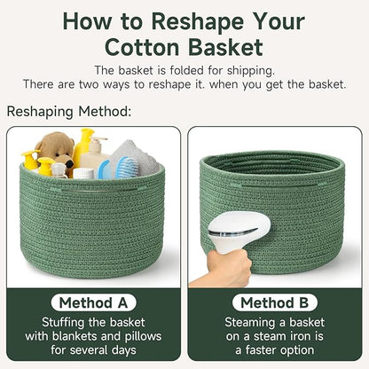 Small Rope Baskets for Storage, Baskets for Gifts Empty, Cute Round Woven Basket, Decorative Shelf Baskets 9.82×9.82×7.1", Cotton Toy Basket Storage Bins for Organizer 3 Packs Green