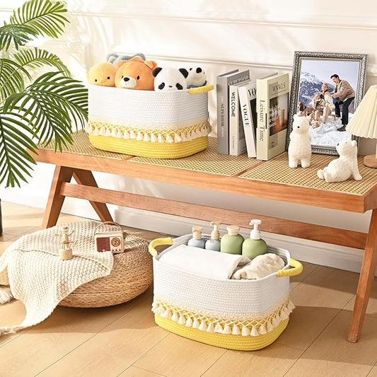 2 Pack Storage Basket for Shelves, Boho Cotton Rope Storage Bins with Heavy Tassel, Shelf Baskets Large Woven Baskets for Organizing, Cube Organizer Bins, Baby Laundry Basket for Clothes, Toys, Pets