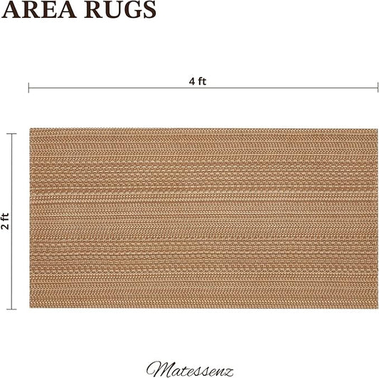 2x4 Washable Rug, Textured Natural Woven Low-Profile Small Runner with Non-Slip Backing, Light Brown, for Kitchen Sink, Laundry Room, Double Door Entryway