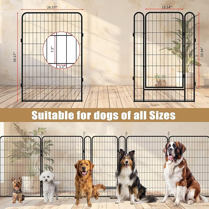 Dog Playpen Indoor - Pet Fence Puppy Exercise Pen for Yard Gate 6/8/12/16Panel Heavy Duty Crates with Doors Metal Dog Pen for Camping Outdoor, Small/Medium Pets (27.76 x 39.37 Inch, Black 8 Panels)