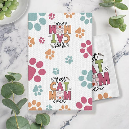 Best Cat Mom Ever Kitchen Towels, Cat Mom Lady Lover Gifts for Women, Cute Kitty Kitten Paw Decorative Dish Tea Hand Towels for Kitchen Bathroom, 16x24 Inches(Style B)