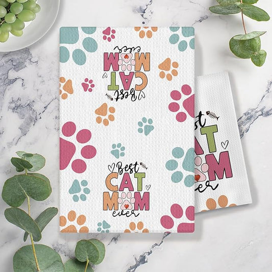 Best Cat Mom Ever Kitchen Towels, Cat Mom Lady Lover Gifts for Women, Cute Kitty Kitten Paw Decorative Dish Tea Hand Towels for Kitchen Bathroom, 16x24 Inches(Style B)