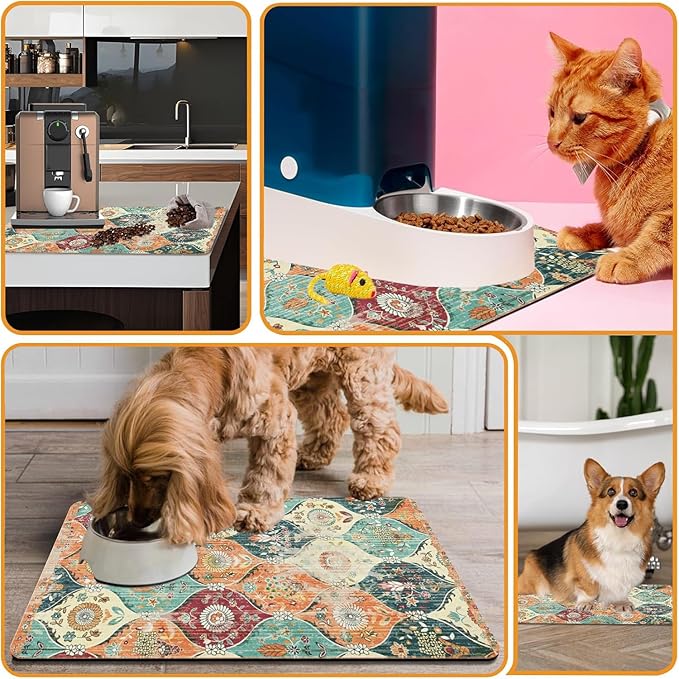 Dog Food Mats for Floors Absorbent, Cat Food Mat - Pet Cat Feeding Mat Quick Dry, Dog Bowl Mats for Water, Pet Supplies Feeding Placemat 16" x 24" Orange Boho