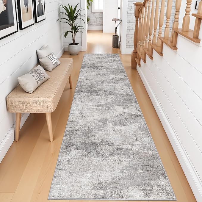 2'6x12 Extra Long Runner Rug : Washable Non-Slip Carpet for Hallway - Soft Kitchen Rugs Thin Low Pile Floor Mat for Bedroom Abstract Home Decor 2.6x12 Grey