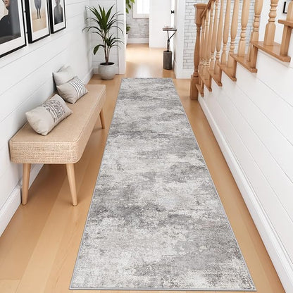 2'6x12 Extra Long Runner Rug : Washable Non-Slip Carpet for Hallway - Soft Kitchen Rugs Thin Low Pile Floor Mat for Bedroom Abstract Home Decor 2.6x12 Grey