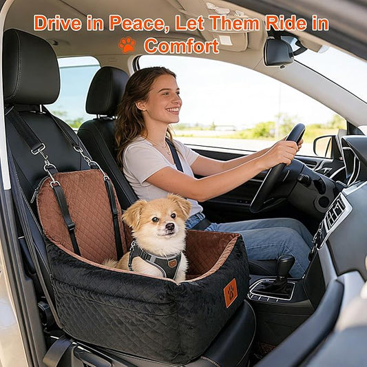 Small Dog Car Seat for Small Dogs Under 30 lbs, Memory Foam Pet Car Seat with Washable Cover, Safety Belts & Side Storage Pockets, Portable Travel Bed for SUV/Sedan (Black)