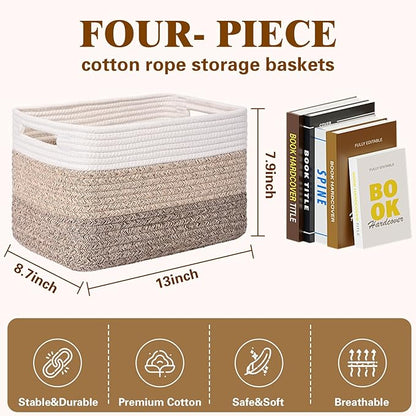 Storage Baskets for Organizing, 4 Pack Baskets for Shelves, Decorative Storage Bins for Shelves, Cotton Rope Storage Basket with Handles, Woven Basket for Storage, 13''Lx8.7''Wx7.9''H, Gradient Brown