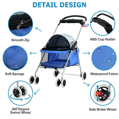 HKLGorg Dog Stroller Pet Stroller for Medium Small Dog Cat Foldable Pet Stroller with 4 Wheels Soft Pad Cat Stroller Folding Stroller Pet Gear Dog Stroller (Blue)