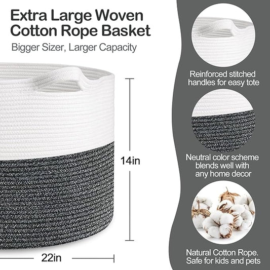 Large Throw Blanket Basket, 22" X 22" X 14" XXXL Blanket Holder for Living Room, Big Wicker Baskets for Storage, Woven Cotton Rope Kids Toy Box, Throw Pillow Holder Organizer Bin