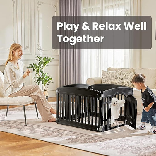 Sweetcrispy Plastic Dog Playpen, 4 Panel 24" Expandable & Durable Pet Fence for Small to Medium Dogs - Indoor & Outdoor Portable Puppy Playpen with Secure Locking Door - Black