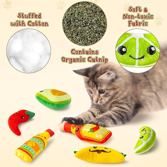 L1rabe Mexican Catnip Stuffed Toys - Summer Gift 6Pcs Cinco de Mayo Carnival Funny Cat Toys for Cat Lovers, Carnival Sause Avocado Indoor Kitten Chew Bite Kick Interactive Pet Supplies Kitten