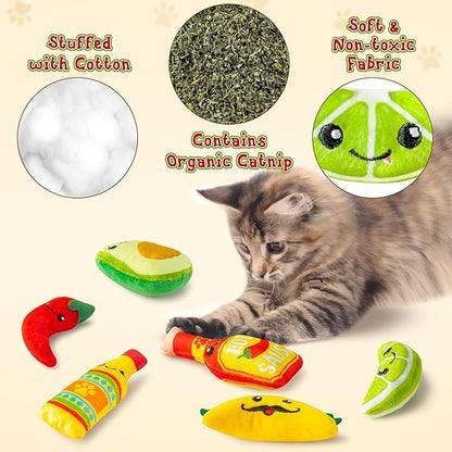 L1rabe Mexican Catnip Stuffed Toys - Summer Gift 6Pcs Cinco de Mayo Carnival Funny Cat Toys for Cat Lovers, Carnival Sause Avocado Indoor Kitten Chew Bite Kick Interactive Pet Supplies Kitten