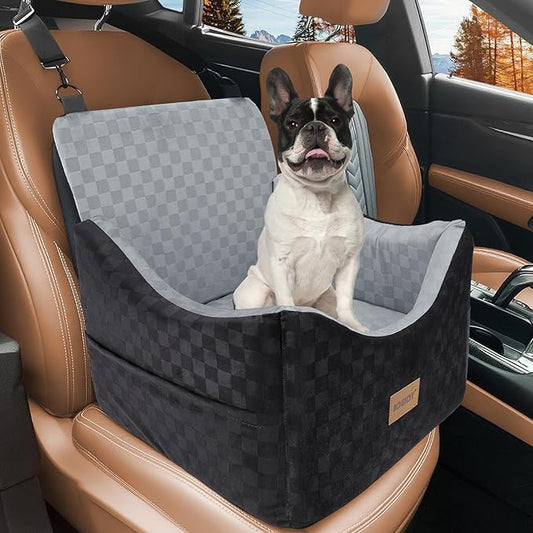 JOEJOY Elevated Dog Car Seat for Small/Medium Dogs up to 35 lbs, Memory Foam Booster Seat with Detachable Washable Cover, Travel-Safe Car Bed with Safety Belts & Storage Pockets, Grey