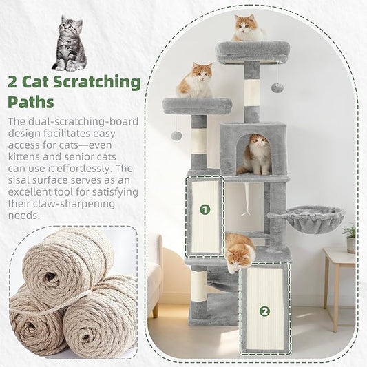 Gitelsnour Multi-Level Cat Tree for Indoor Cats, Cat Tower with 2 Scratching Boards, 2 Plush Padding Platforms, Cat Condo House with Hammock, Basket, Light Gray GCT022W