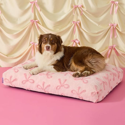LE SURE Dog Beds Large Sized-Thick Shredded Chopped Foam Pet Bed as Gift for Indoor with Removable Cover, Cute Modern Fuzzy Plush & Anti Slip Bottom,Bow Pink
