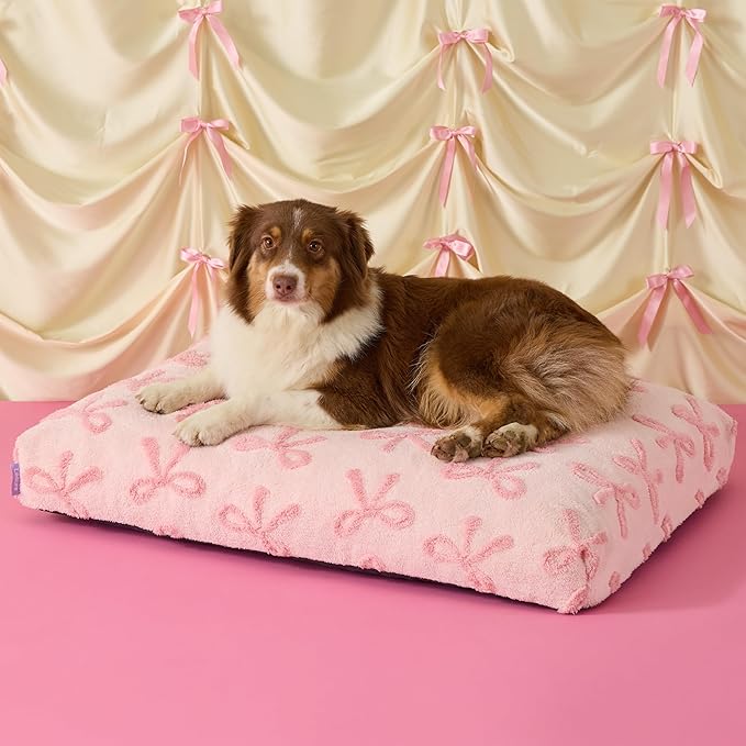 LE SURE Large Dog Beds-Thick Shredded Chopped Foam Pet Bed as Gift for Indoor with Removable Cover, Cute Modern Fuzzy Plush & Anti Slip Bottom,Bow Pink