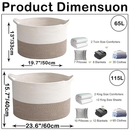 65L Large Blanket Basket,19.7" L x 19.7" W x 13" H Rope Woven Baskets with Handles, Toys Storage Bins,Laundry Basket Perfect for Living Room, Nursery,Bedroom,Home Organization,White&Brown