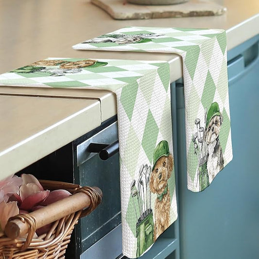Golf Dog Kitchen Towels - Bichon Frise Shih Tzu Dish Towels, Sports Gifts, Pet Golf Club Decorative Absorbent Dishcloths Hand Towels Set of 2 for Spa Kitchen Gym Decor 16x24 Inches