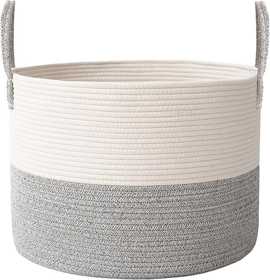 65L Extra Large Blanket Basket for Living Room - Woven Cotton Rope Laundry Hamper with Reinforced Handles - Storage Bin for Pillows, Comforters & Toys - Machine Washable,White&Grey