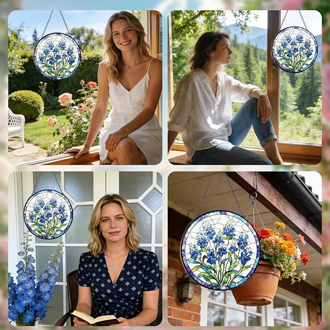 Stained Glass Window Hanging, Forget-Me-Not Sun Catcher Gift for Housewarming, Forget Me Not Suncatchers Gifts for Plant Lover Friends Home Decor 8 Inch