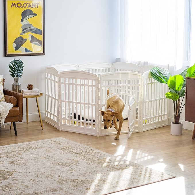 IRIS USA Dog Playpen 34" Tall Dog Playpen Indoor – 8-Panel Puppy Playpen with Door, 63 x 63 x 35, Extra Tall Dog Play Pen Indoors for Large Dogs, Plastic Pet Playpen, Indoor Dog Pen, White