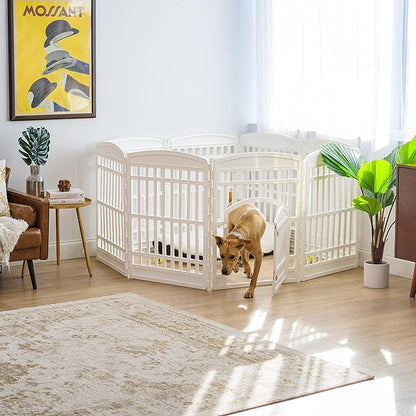 IRIS USA Dog Playpen 34" Tall Dog Playpen Indoor – 8-Panel Puppy Playpen with Door, 63 x 63 x 35, Extra Tall Dog Play Pen Indoors for Large Dogs, Plastic Pet Playpen, Indoor Dog Pen, White