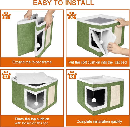 Loyareal Cat Houses for Indoor Cats - Large Cat Bed Cave with Scratch Pad and Fluffy Ball, Foldable Cat Condo Hideaway with Reversible Cushion for Multi Small Pet, Green