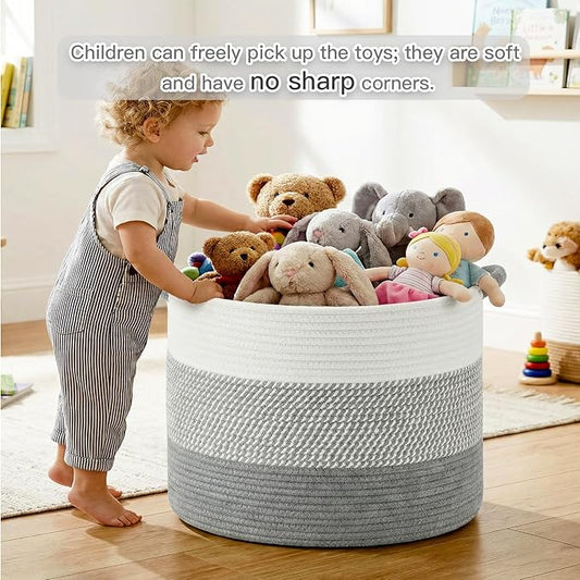40L Large Cotton Rope Basket, Decorative Woven Blanket Storage for Living Room, Boho Toy Storage & Toy Box for Kids, Versatile Laundry Basket & Nursery Hamper for Blankets(Gery)
