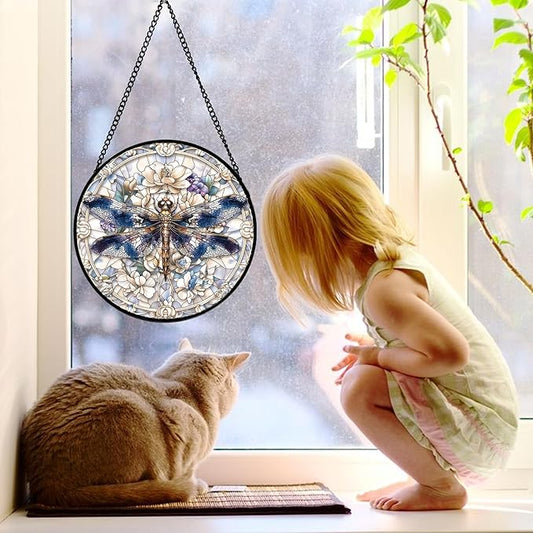 Stained Glass Window Hanging, Dragonfly Flower Suncatcher for Doors Home Sun Catchers Decoration and Christmas, Mother's Day Birthday Gifts for Women, Men, and Mom 9.8 in