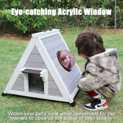 Deblue Outdoor Cat House for Feral Cats, Weatherproof Wooden Cat House for Small Pets, Unique Cat Shelter with Escape Door, Clear Window-Grey