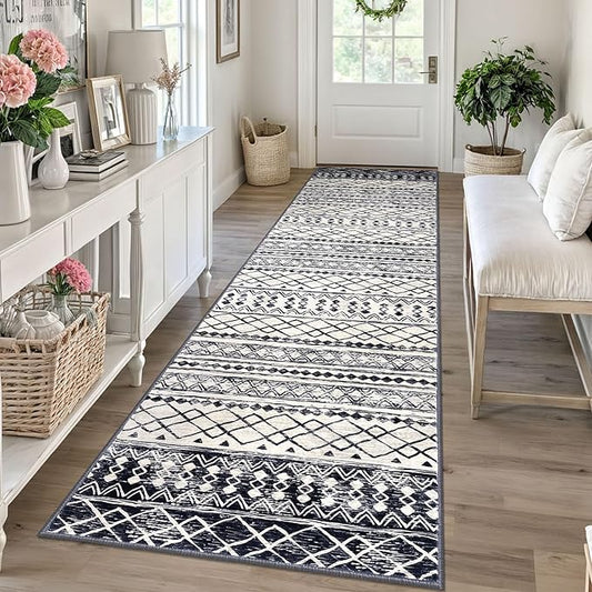 KUTA Moroccan Washable Runner Rug, 2.6x10 Non-Slip Vintage Black Navy Blue Boho Hallway Kitchen Rugs Ultra Soft Geometric Floor Carpet Runners for Bedroom Laundry Living Room