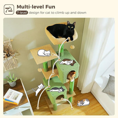 MUTTROS 62" Cat Tree for Indoor Cats, Multi-Level Cat Tower for Large Cats with Scratching Posts, 2 Spacious Plush Condos, Padded Perch, Soft Cat Bed, Scratching Pad & 2 Pompoms, Green