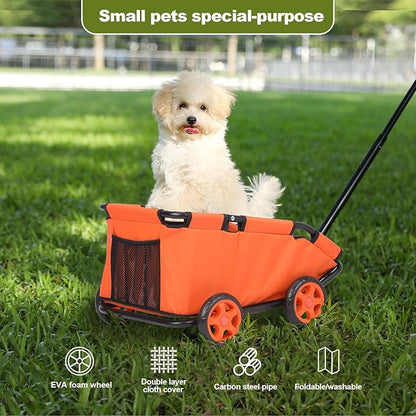Mini Dog Strollers for Mini Pets, Foldable Multifunctional Shopping Carts with Extendable Pull Handle, Doggie Wagon Built-in Cushion and Safety Rope with Storage Bag (Orange)