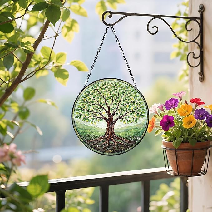 Sanwarm Stained Glass Window Hanging, Tree-of-Life Green Suncatcher Window Decor for Indoor Home Sun Catcher Ornament, Mother’s Day & Birthday Gift for Women, Men, Mom & Nana, 7.8 in