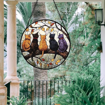 Stained Glass Window Hanging - 5 Cats on a Branch Suncatcher for Window Doors Home Decoration and Christmas, Mother's Day Father's Day Birthday Gifts for Women, Men, and Mom 11.8x11.8 in