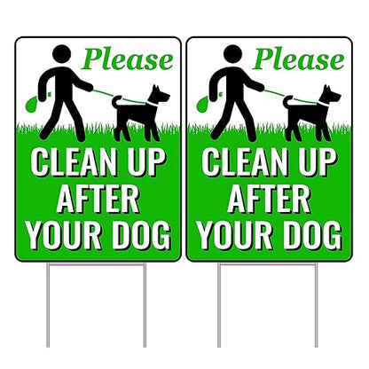Signs Authority 2-Pack Pick Up After Your Dog Sign with Metal H-Stake - Weatherproof Clean Up After Your Dog Notice for Yard - Double-Sided No Poop Lawn Signs - 12x9-In