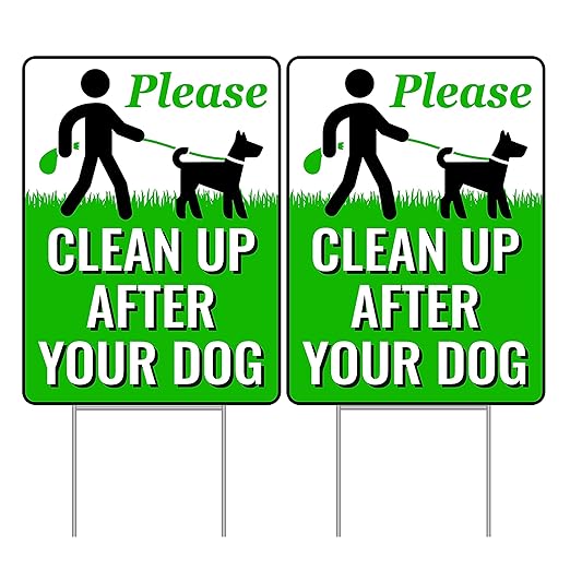 Signs Authority 2-Pack Pick Up After Your Dog Sign with Metal H-Stake - Weatherproof Clean Up After Your Dog Notice for Yard - Double-Sided No Poop Lawn Signs - 12x9-In