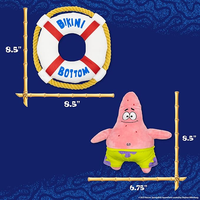 design LAB, Inc. Spongebob Squarepants Official Merchandise | Squeaky Plush Toys for Dogs | 2-Pack Patrick Starfish and Life Preserver | Dog Toys with Squeaker & Rope to Tug and Play