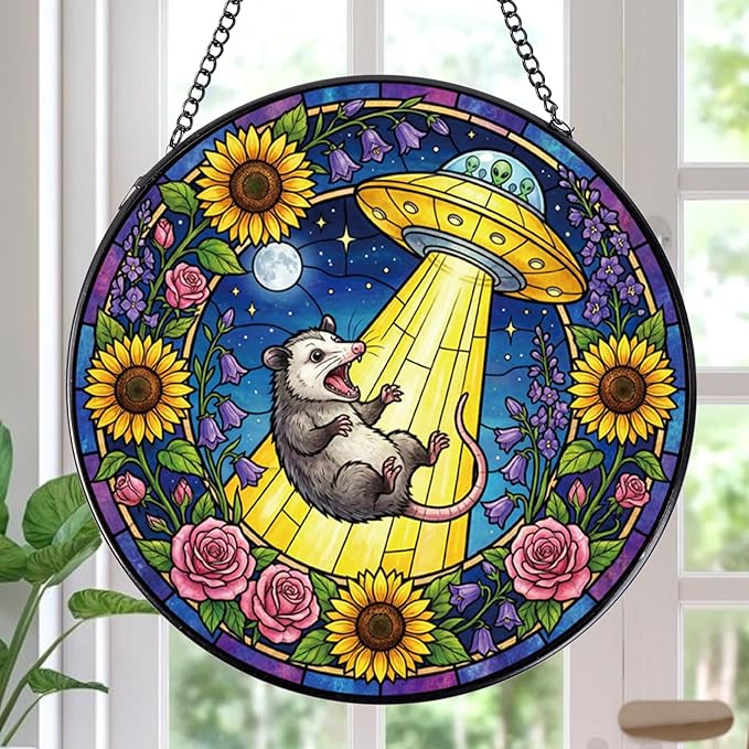 Funny Stained Glass Window Hanging, 8 Inch Opossum Sun Catcher Gift for Housewarming, Decorative Suncatchers Gifts for Wall Art Landscape Hanging Home Decor