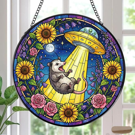 Funny Stained Glass Window Hanging, 8 Inch Opossum Sun Catcher Gift for Housewarming, Decorative Suncatchers Gifts for Wall Art Landscape Hanging Home Decor