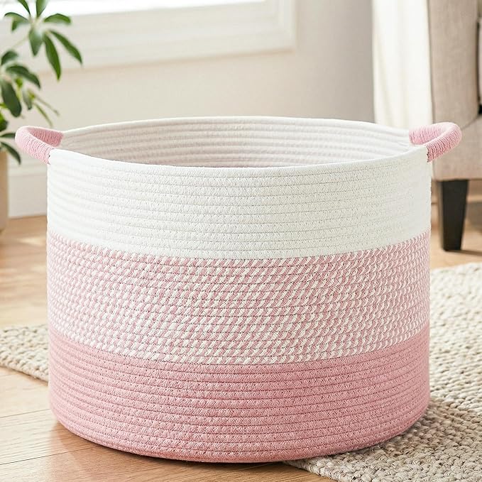 40L Large Cotton Rope Basket, Decorative Woven Blanket Storage for Living Room, Boho Toy Storage & Toy Box for Kids, Versatile Laundry Basket & Nursery Hamper for Blankets(Pink)