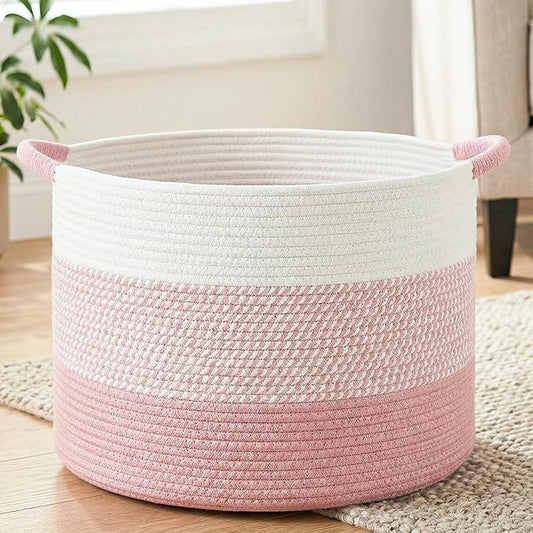 40L Large Cotton Rope Basket, Decorative Woven Blanket Storage for Living Room, Boho Toy Storage & Toy Box for Kids, Versatile Laundry Basket & Nursery Hamper for Blankets(Pink)