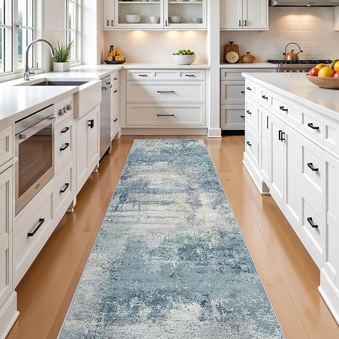 Abstract Rug Runners 2x8 Washable: Modern Rugs Non Slip for Kitchen Entryway Bedroom - Soft Stain Resistant Easy Clean - Indoor Low Pile Carpet for Family with Pets 2x8 Blue