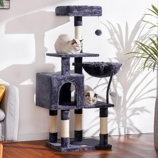 Heybly Cat Tree with Toy, Cat Tower Condo for Indoor Cats, Cat House with Padded Plush Perch, Cozy Hammock and Sisal Scratching Posts, Smoky Gray HCT004G