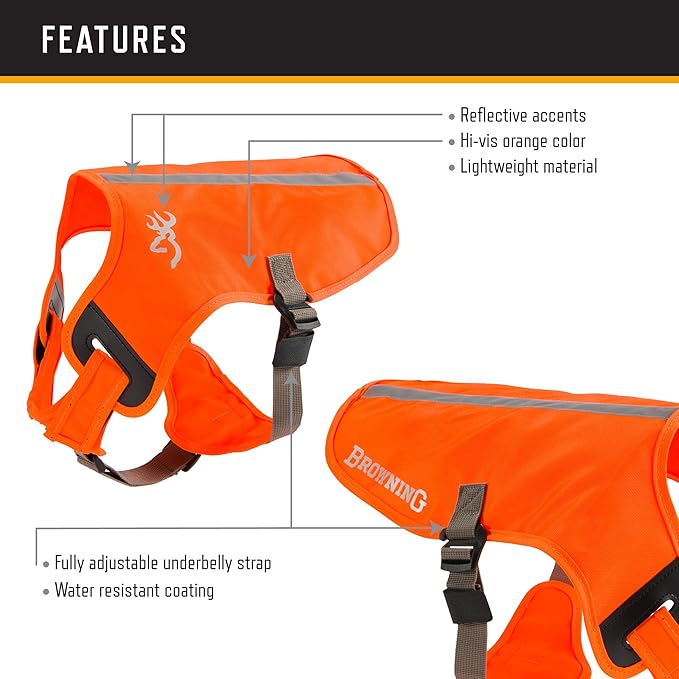Browning Pet Vests, Hi Vis Safety Vests for Dogs, Safety Orange, Medium, Adjustable Coverage
