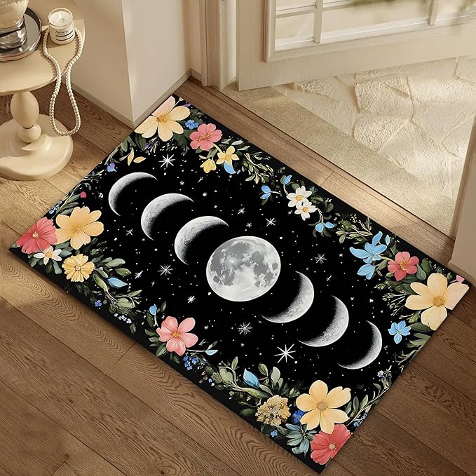 Vintage Moon Phase Welcome Mat,Rustic Flowers Indoor Rugs for Entryway,Anti-Slip Low Profile Doormats Porch Mats for Front Door Stairway Rug Living Room Floor Mat 30 x 17 Inch