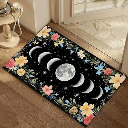 Vintage Moon Phase Welcome Mat,Rustic Flowers Indoor Rugs for Entryway,Anti-Slip Low Profile Doormats Porch Mats for Front Door Stairway Rug Living Room Floor Mat 30 x 17 Inch